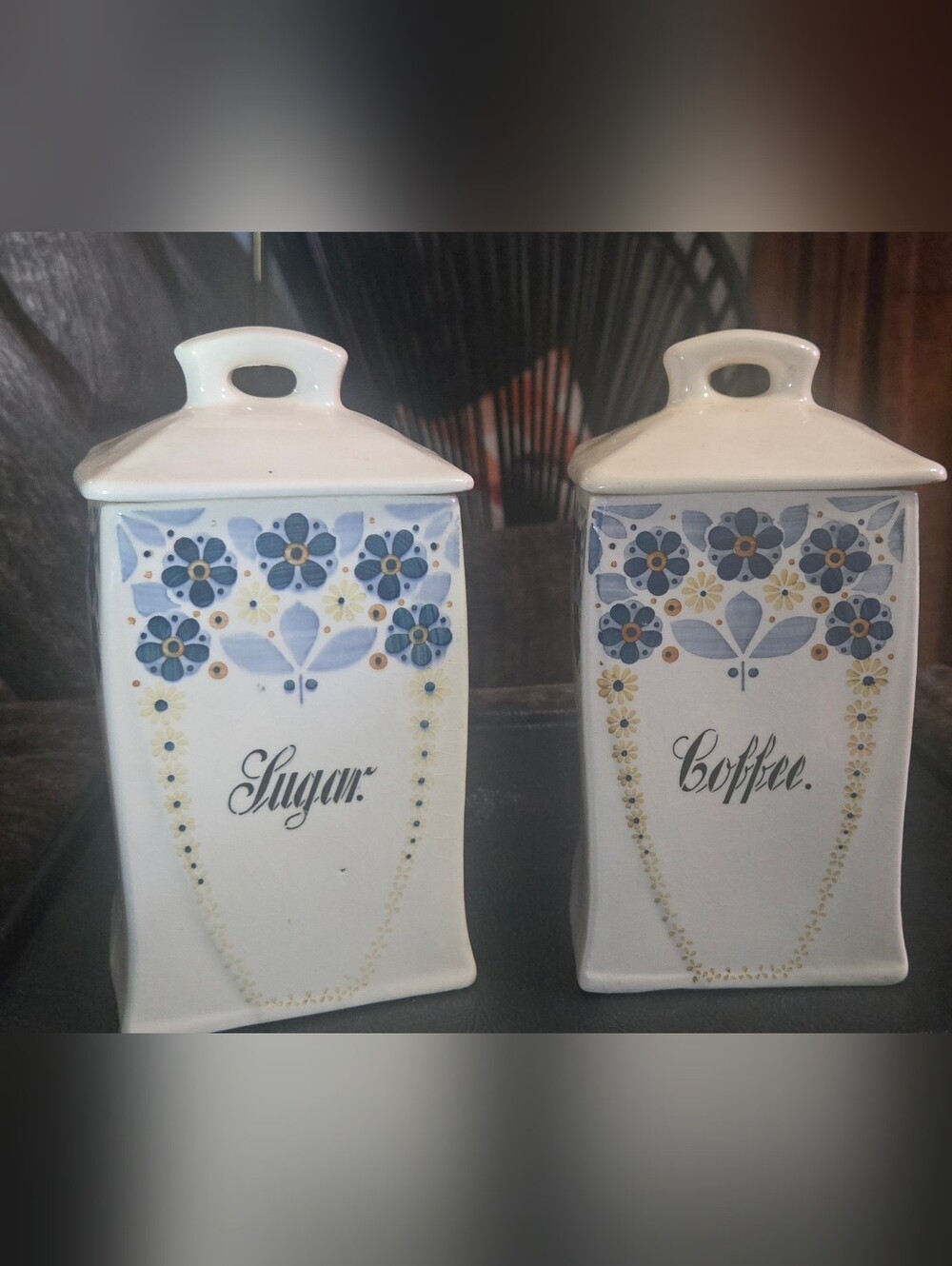 Vintage Made in Germany Ceramic Sugar & Coffee Canister Set Blue Floral